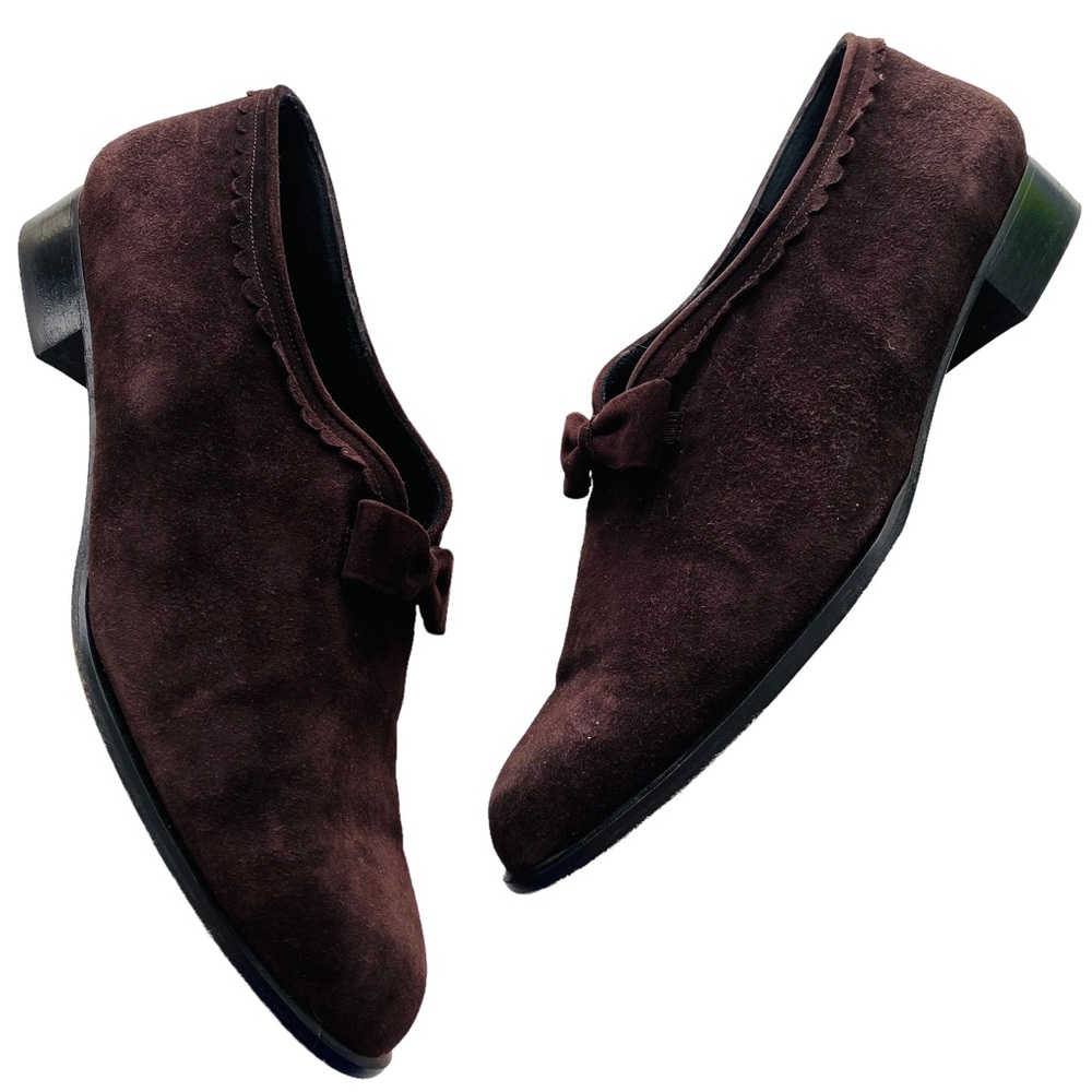 Stuart Weitzman Vintage Chocolate Suede Leather Flat Bow Loafers